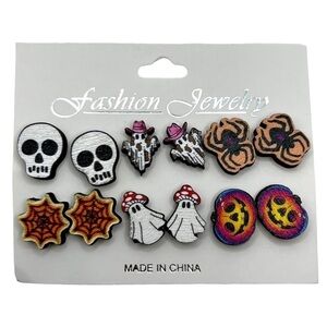 Set of 6 Mini Halloween Ghost, Spiders, Pumpkins Skulls Wood Fall Earrings